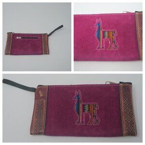 vtg Peru Llama Pink Suede Tooled Aztec Leather Wallet Purse Clutch Boho Hippie
